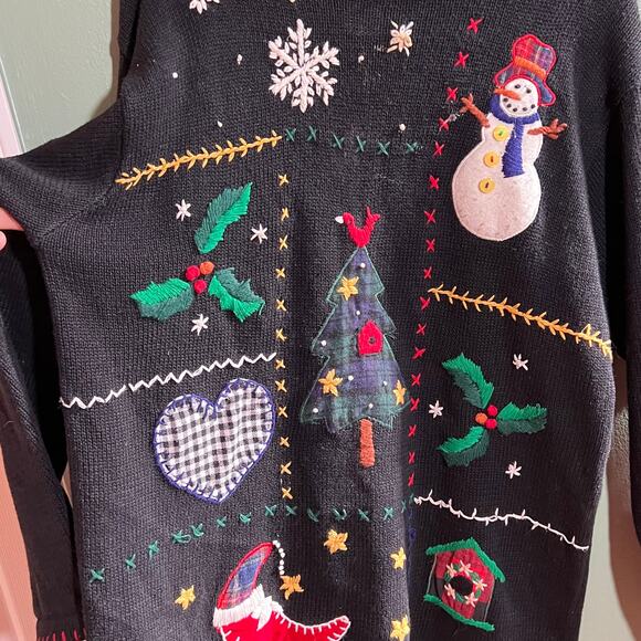 Victoria Jones Large Christmas Sweater Snowman Tree Embroidered Black - Picture 2 of 4